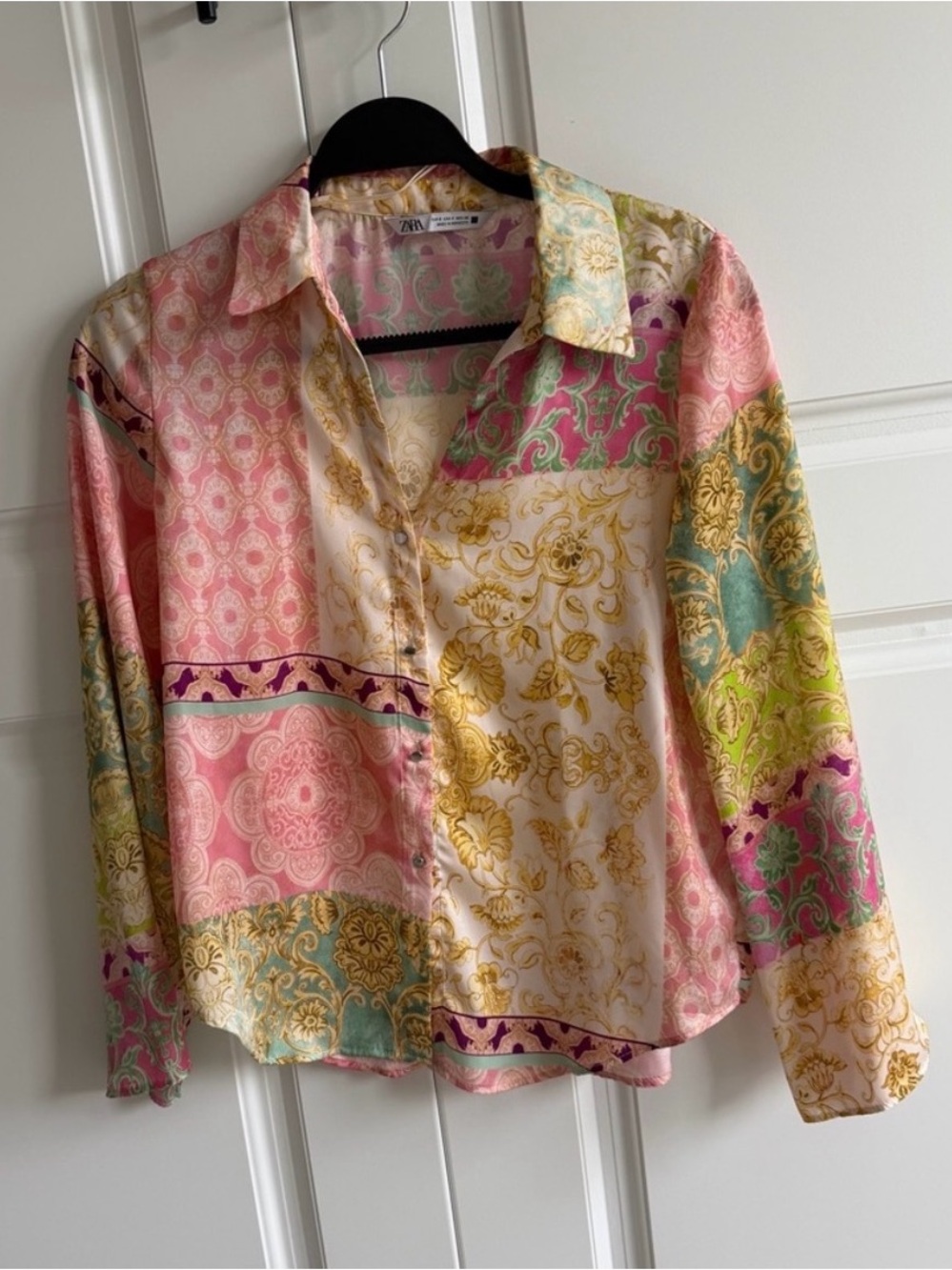 Zara Pink, Gold and Mint Baroque Patchwork Satin Blouse